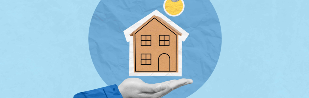 Hand holding miniature house and man hand inserting coin inside symbolic of saving a house deposit. Symbolic of our topic about help from the “bank of mum and dad”.